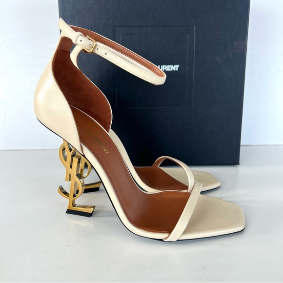 SAINT LAURENT Opyum Beige Leather Ankle Strap Open Toe Heel Sandals Sz 38.5 NWT - Picture 3 of 12